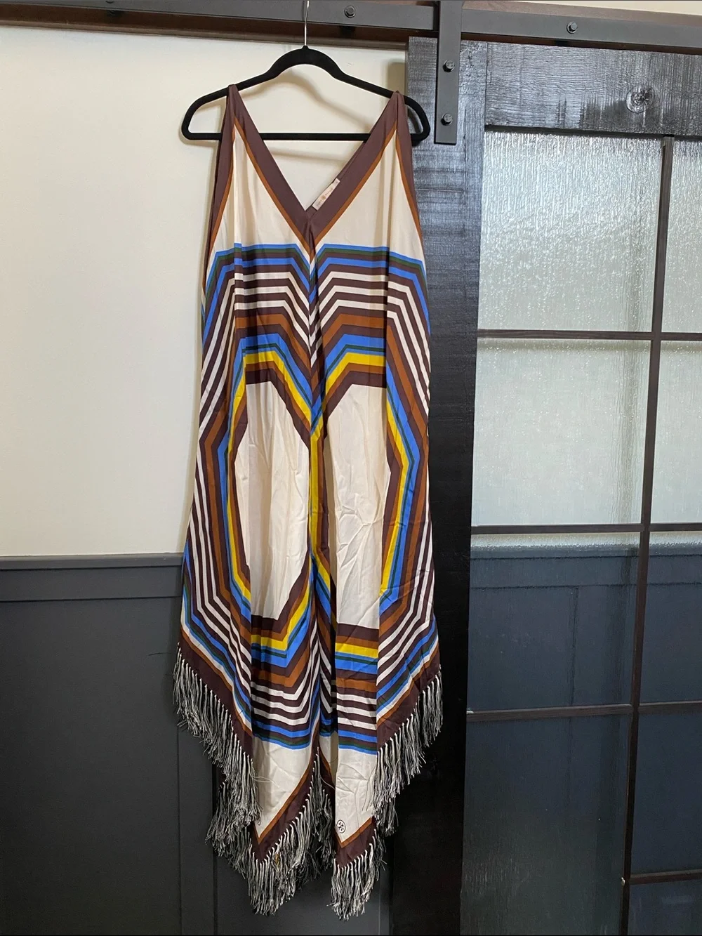 Tory Burch Striped Scarf Fringe Dress 287 Fret Silk Square Size 4